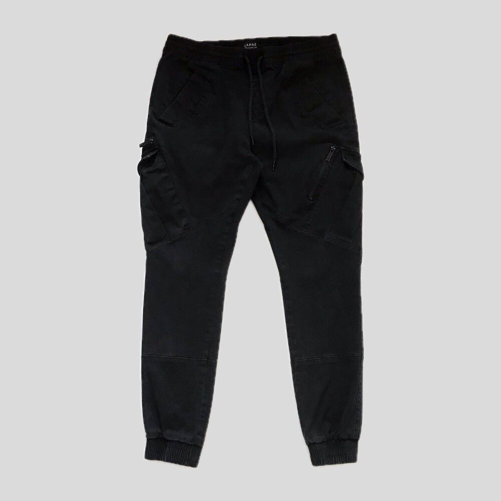 Carre Paris Black Cotton Drawstring Casual Cargo Pants Joggers Mens XL